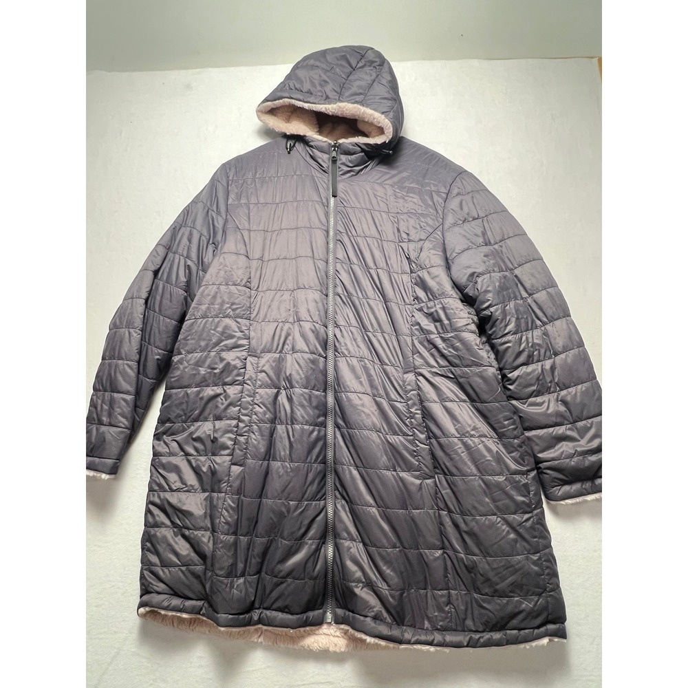 Free Country 1X Puffer Jacket Reversible Cozy Winter Gray Pink Faux Fur Parka